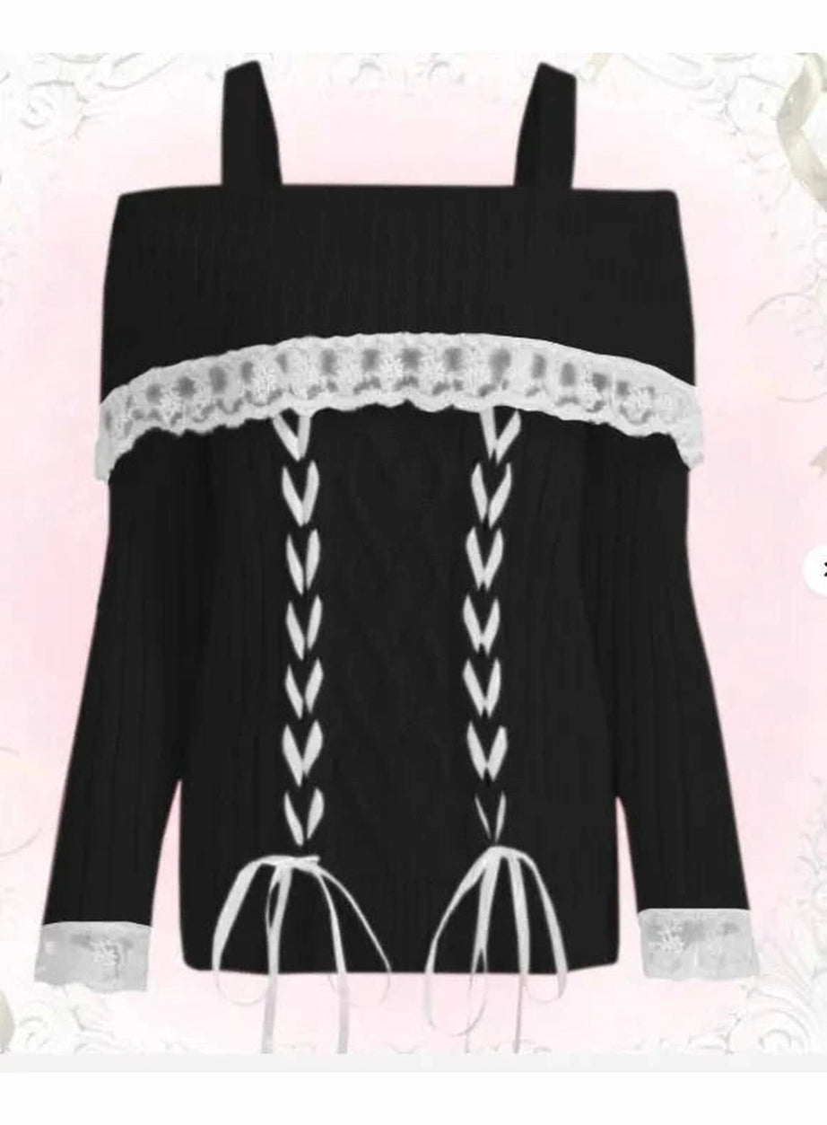Y2k Cold Shoulder Lace Knit Sweater