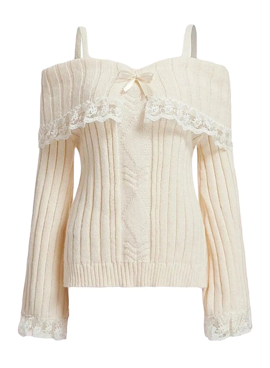 Y2k Cold Shoulder Lace Knit Sweater