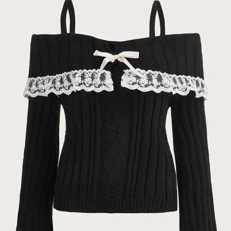 Y2k Cold Shoulder Lace Knit Sweater
