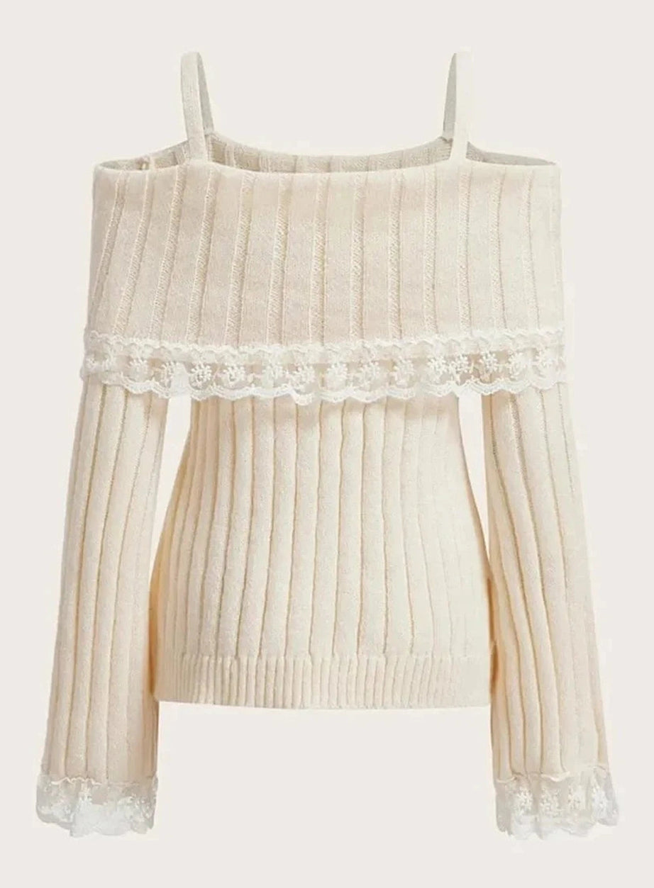 Y2k Cold Shoulder Lace Knit Sweater