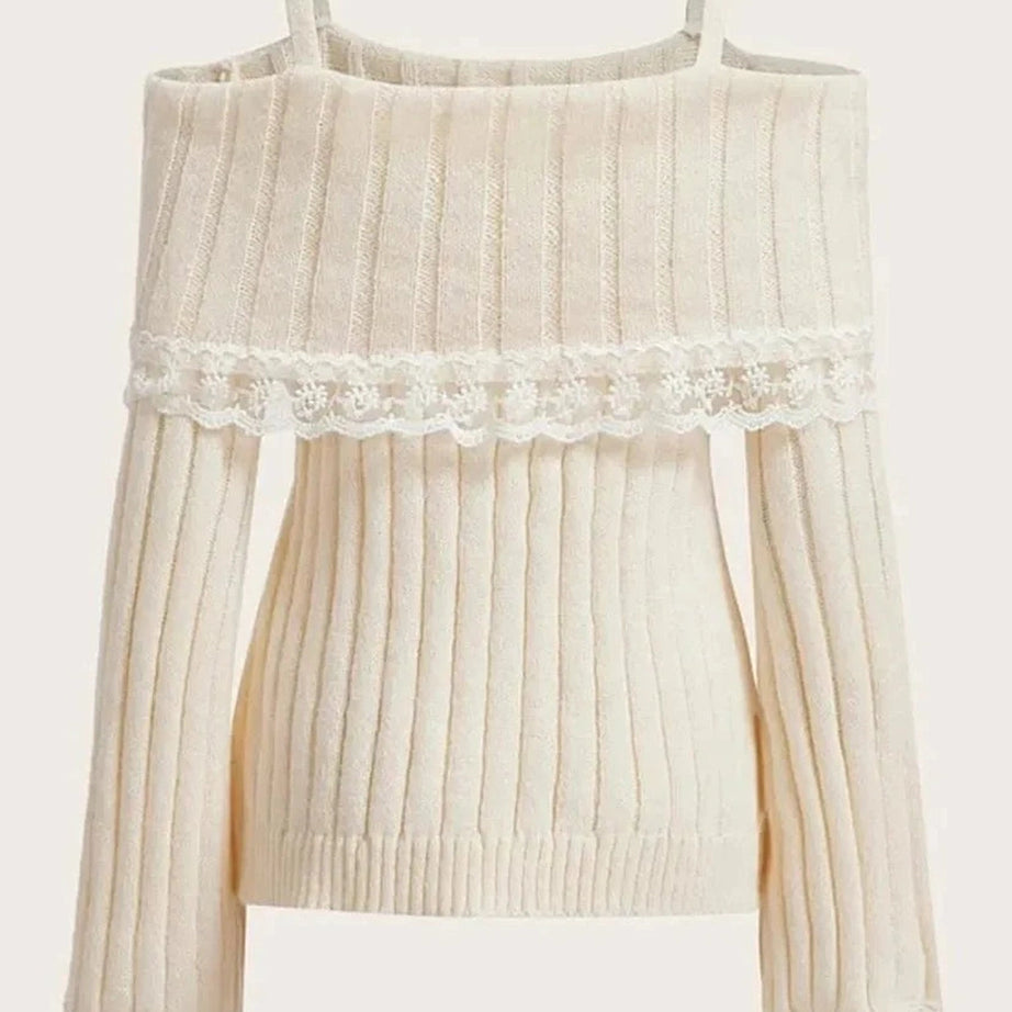 Y2k Cold Shoulder Lace Knit Sweater