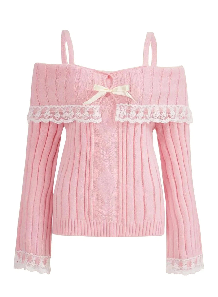 Y2k Cold Shoulder Lace Knit Sweater