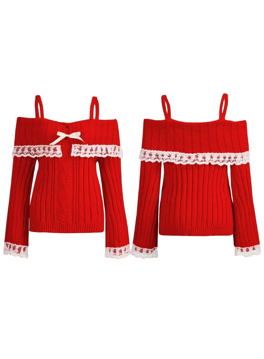 Y2k Cold Shoulder Lace Knit Sweater