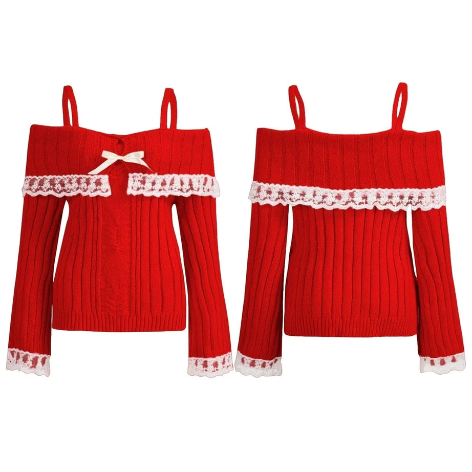 Y2k Cold Shoulder Lace Knit Sweater