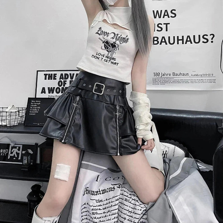 Y2k Cool Zipped Leather Mini Skirt