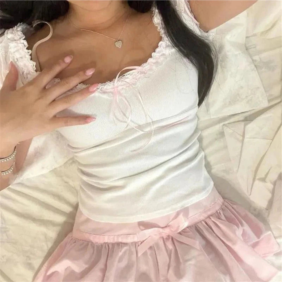 Y2k Coquette Cap Sleeve Lace Trim Top