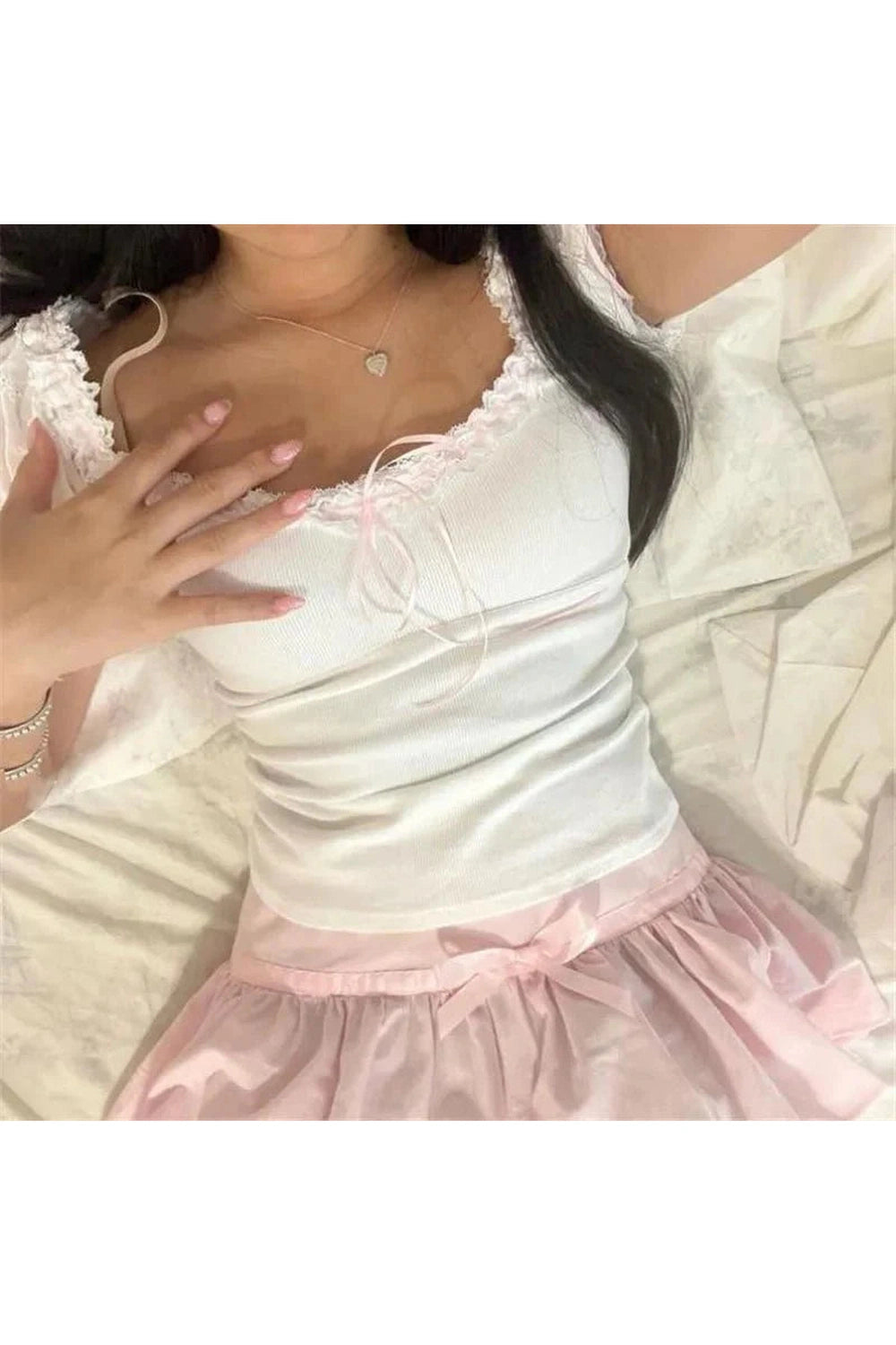 Y2k Coquette Cap Sleeve Lace Trim Top