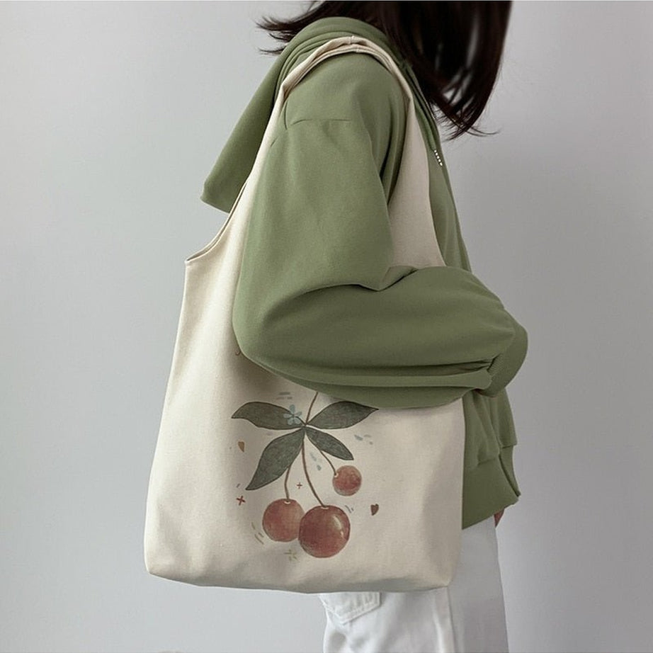 Y2k Coquette Cherry Print Canvas Shopping Bag