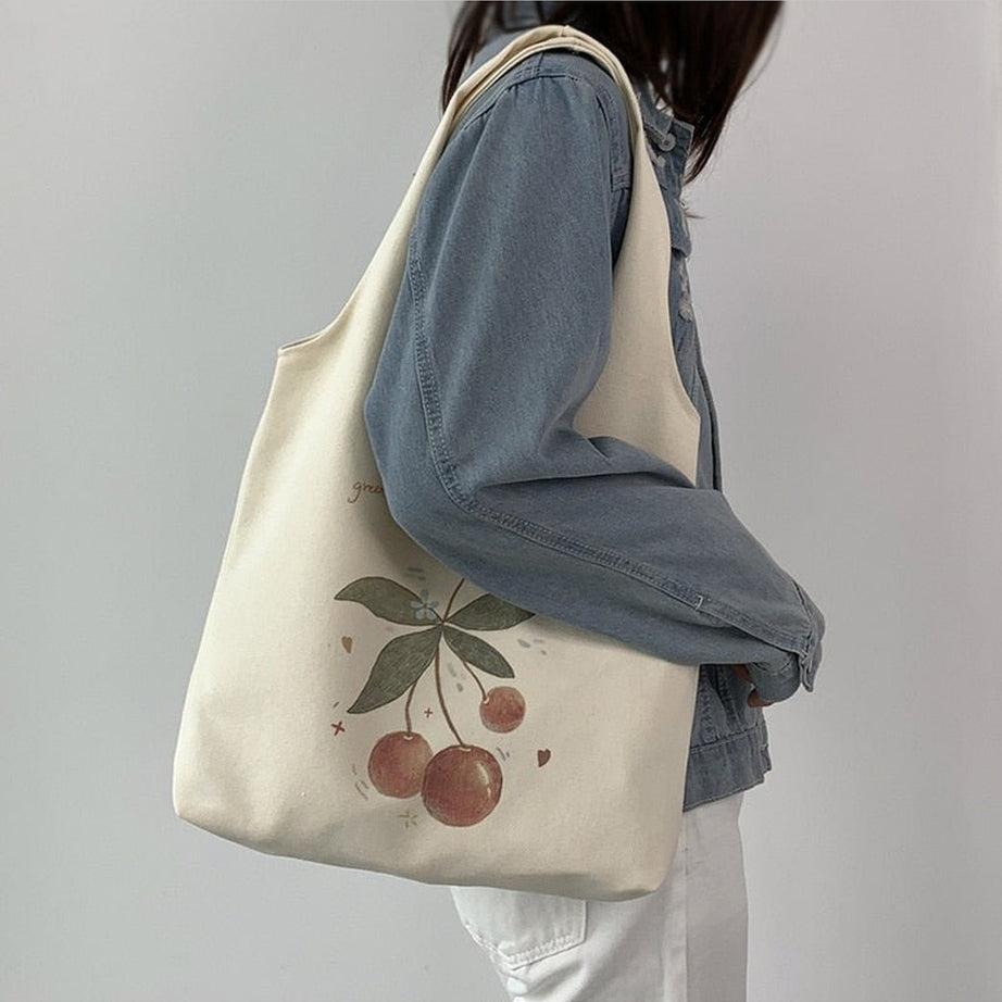 Y2k Coquette Cherry Print Canvas Shopping Bag