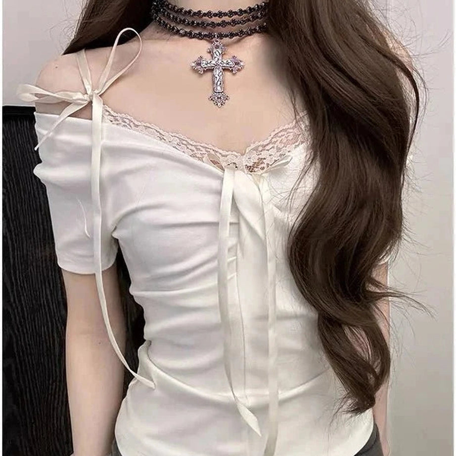 Y2k Coquette Lace Up Shoulder Tops