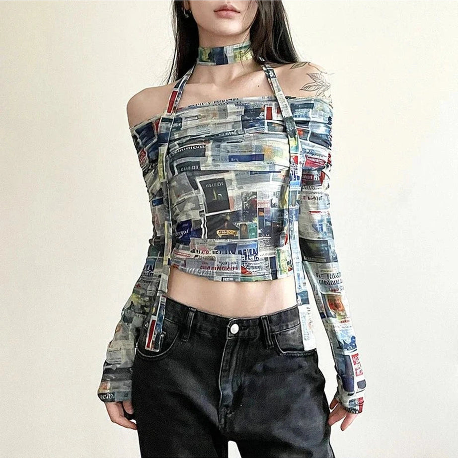 Y2k Coquette Mesh Printed Crop Top