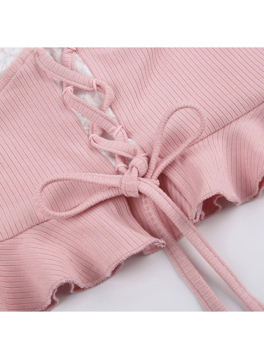 Y2k Coquette Pink Patchwork Crop Top