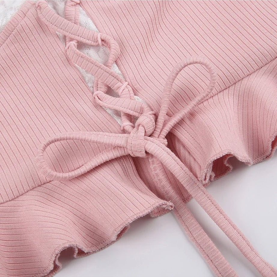 Y2k Coquette Pink Patchwork Crop Top