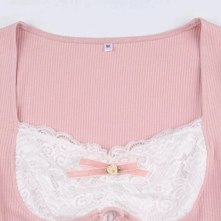 Y2k Coquette Pink Patchwork Crop Top