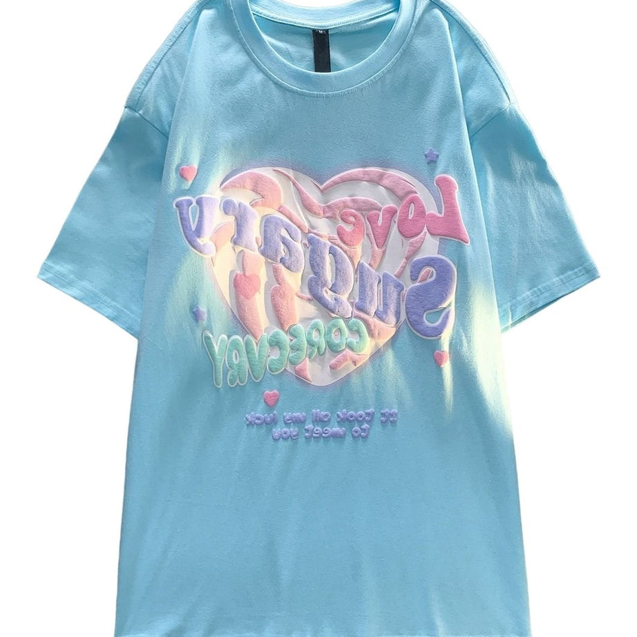 Y2k Cotton Blue College Summer T-Shirt