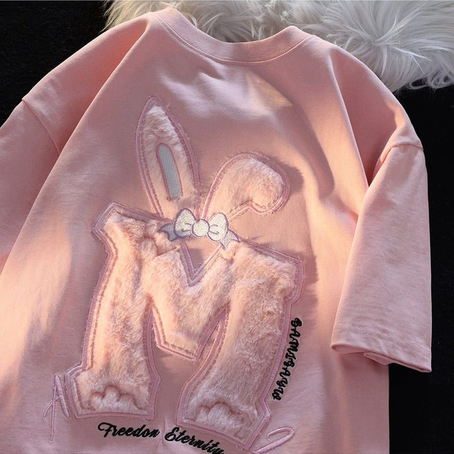 Y2k Cotton Rabbit Ear Pink T-shirt