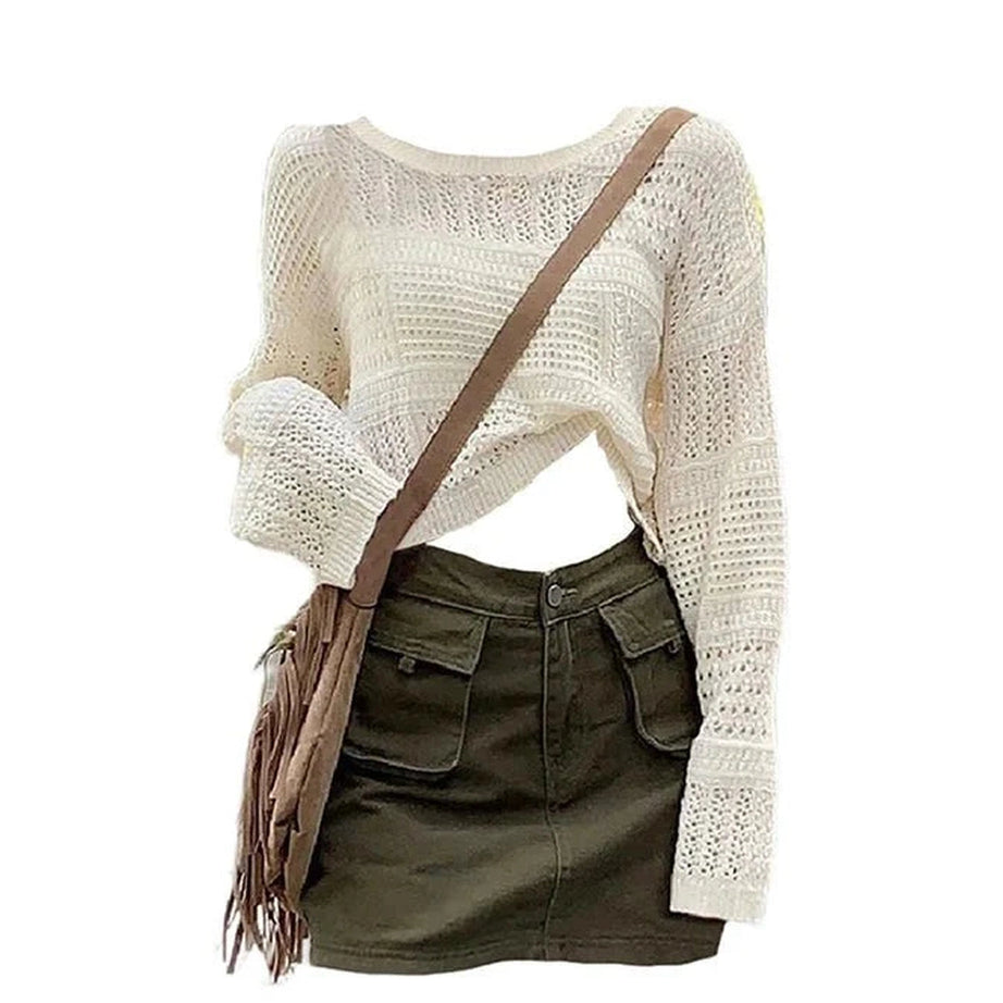 Y2k Boho Chic Crochet Sweater and Olive Skirt Set