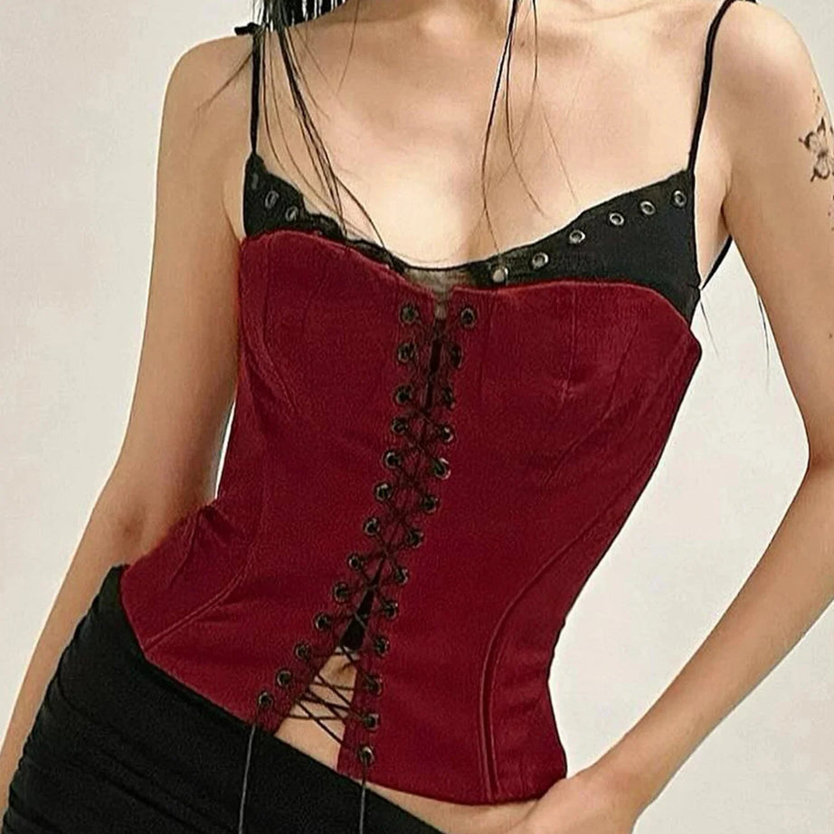 Crimson Lace - Up Corset Top - Shirts & Tops