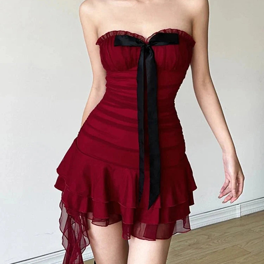 Y2k Crimson Ruffle Strapless Dress