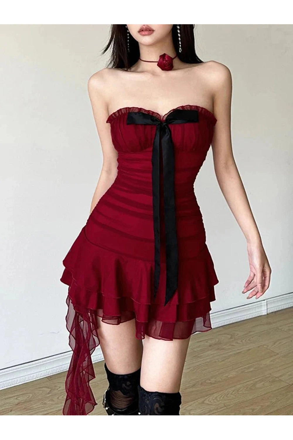 Y2k Crimson Ruffle Strapless Dress