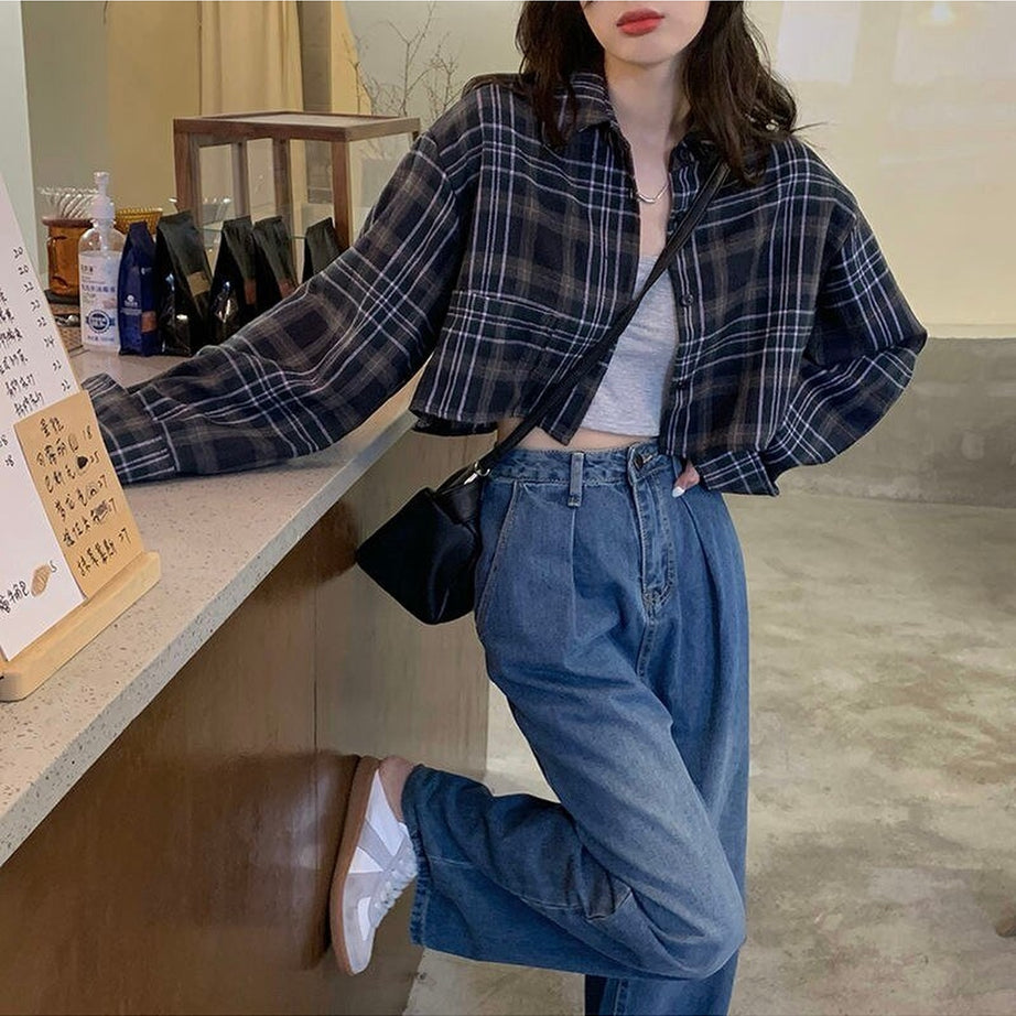 Y2k Crop Plaid Sunscreen Blouse
