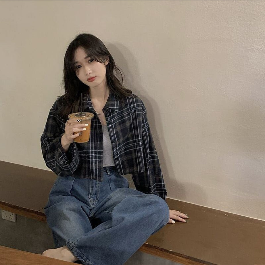 Y2k Crop Plaid Sunscreen Blouse