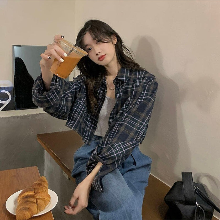 Y2k Crop Plaid Sunscreen Blouse