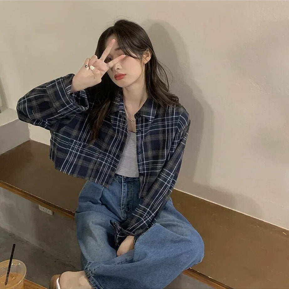 Y2k Crop Plaid Sunscreen Blouse