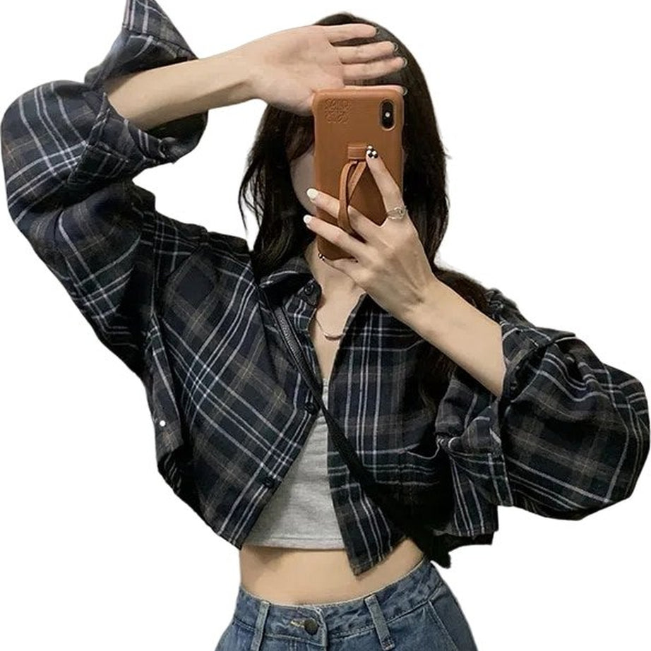 Y2k Crop Plaid Sunscreen Blouse