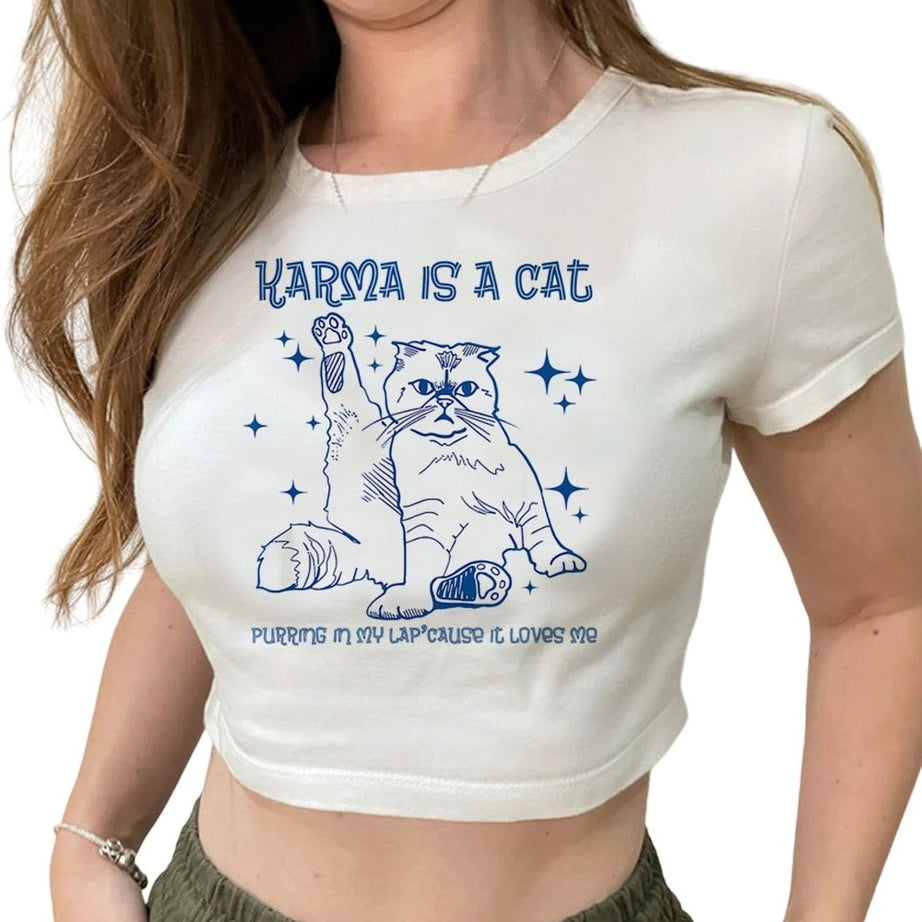 Y2k Crop Top "KARMA IS A CAT"