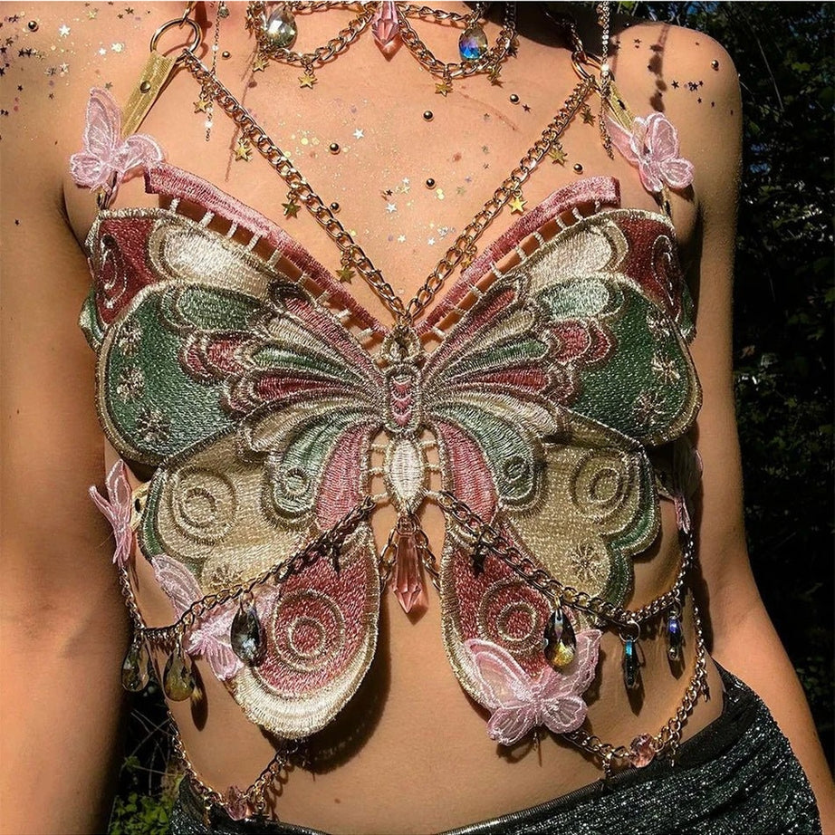 Y2k Crystal Chain Butterfly Crop Top