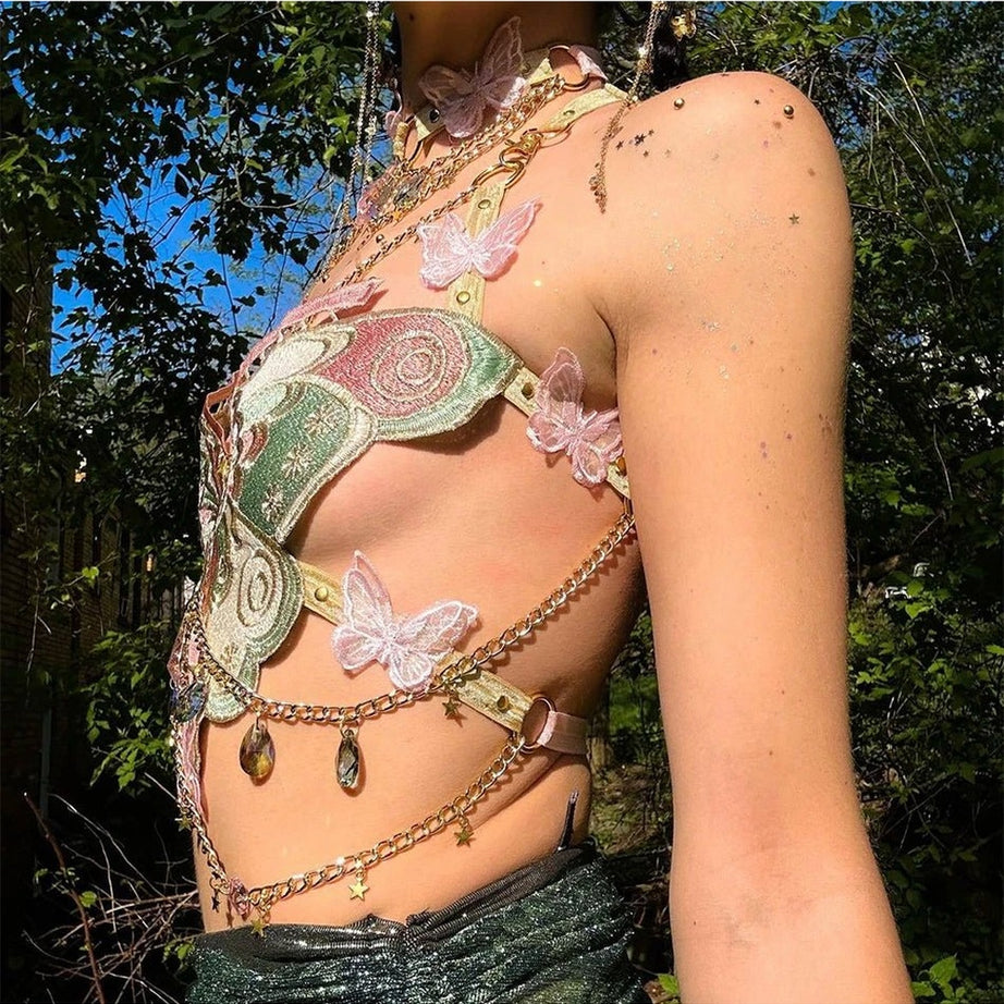 Y2k Crystal Chain Butterfly Crop Top