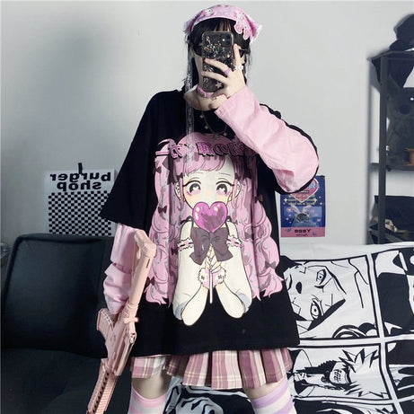 Cute Anime Print Long-Sleeved T-Shirt - T-shirts