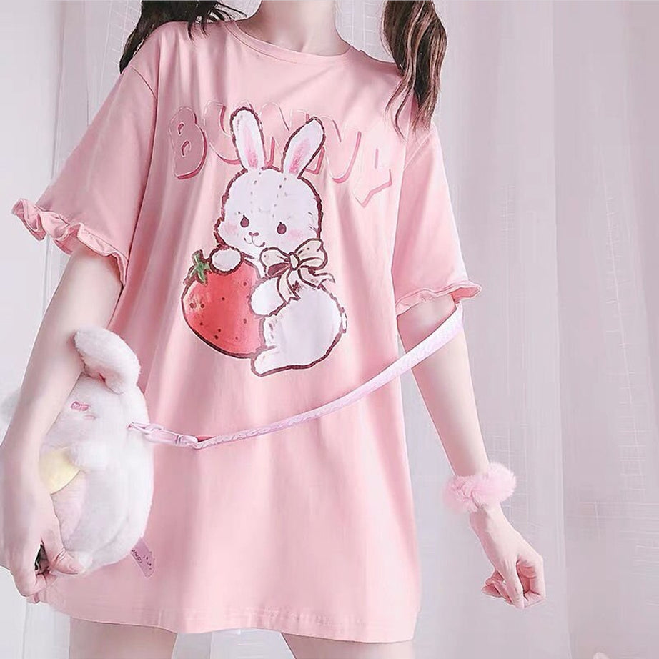 Y2k Cute Pink Strawberry Bunny T-Shirt