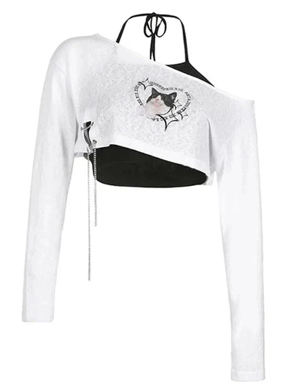 Y2k Cyber Feline Asymmetrical Top