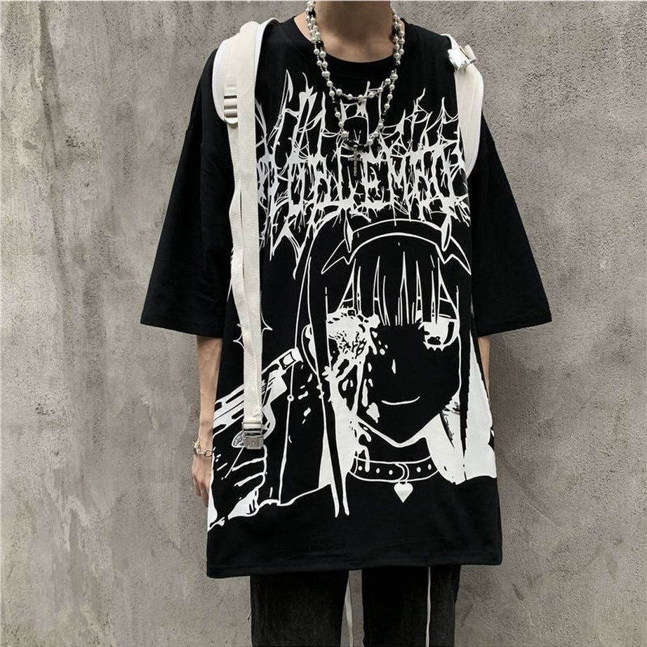 Y2k Dark Anime Egirl Black T-shirt