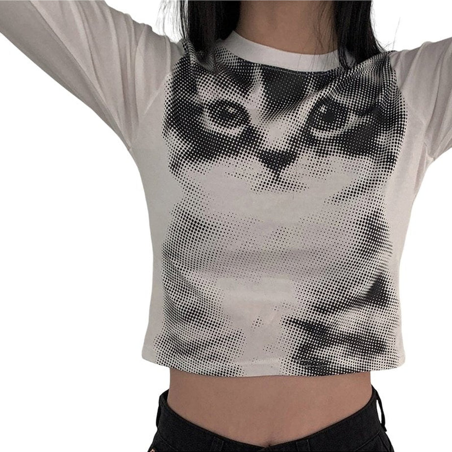 Y2k Dark Cat Print Long Sleeve Crop Top