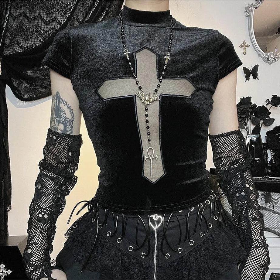 Y2k Dark Cross Sheer Mall Gothic Women's T-Shirt