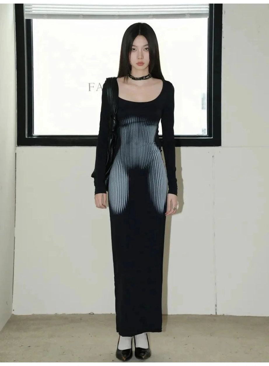 Y2k Dark Wave Ombre Long Sleeve Dress.