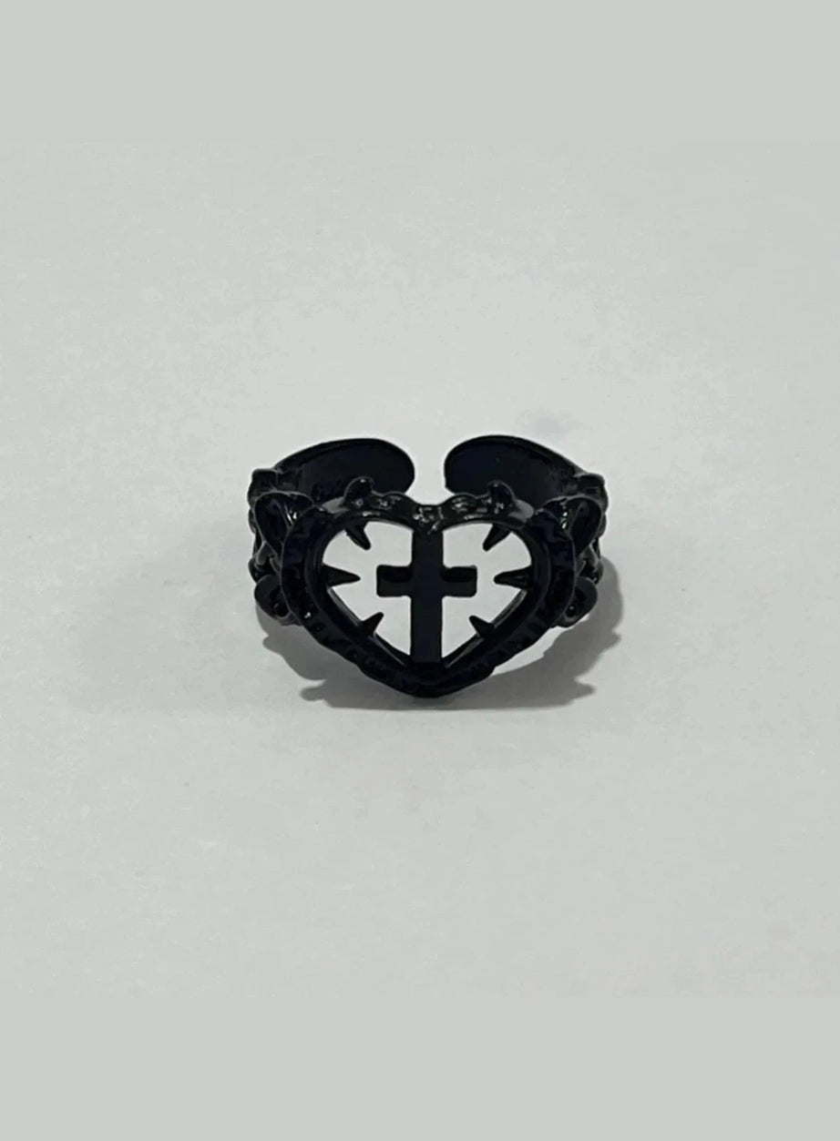 Y2k Death Cross Heart Ring