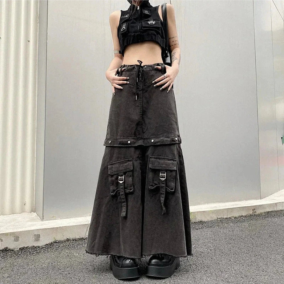 Y2k Denim Cargo Midi Skirt