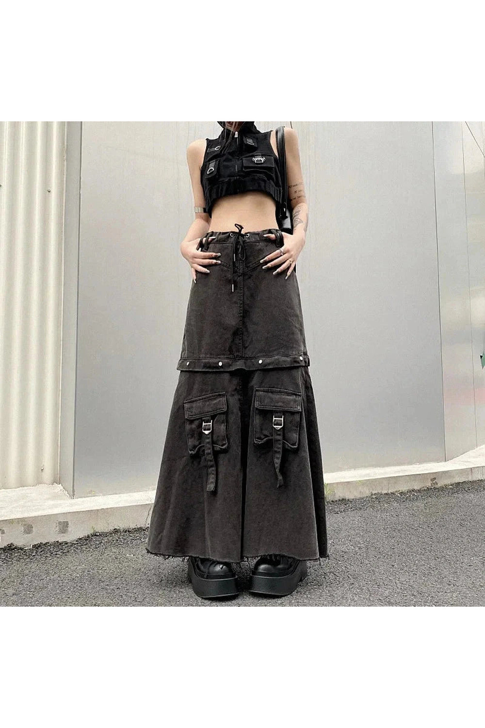 Y2k Denim Cargo Midi Skirt