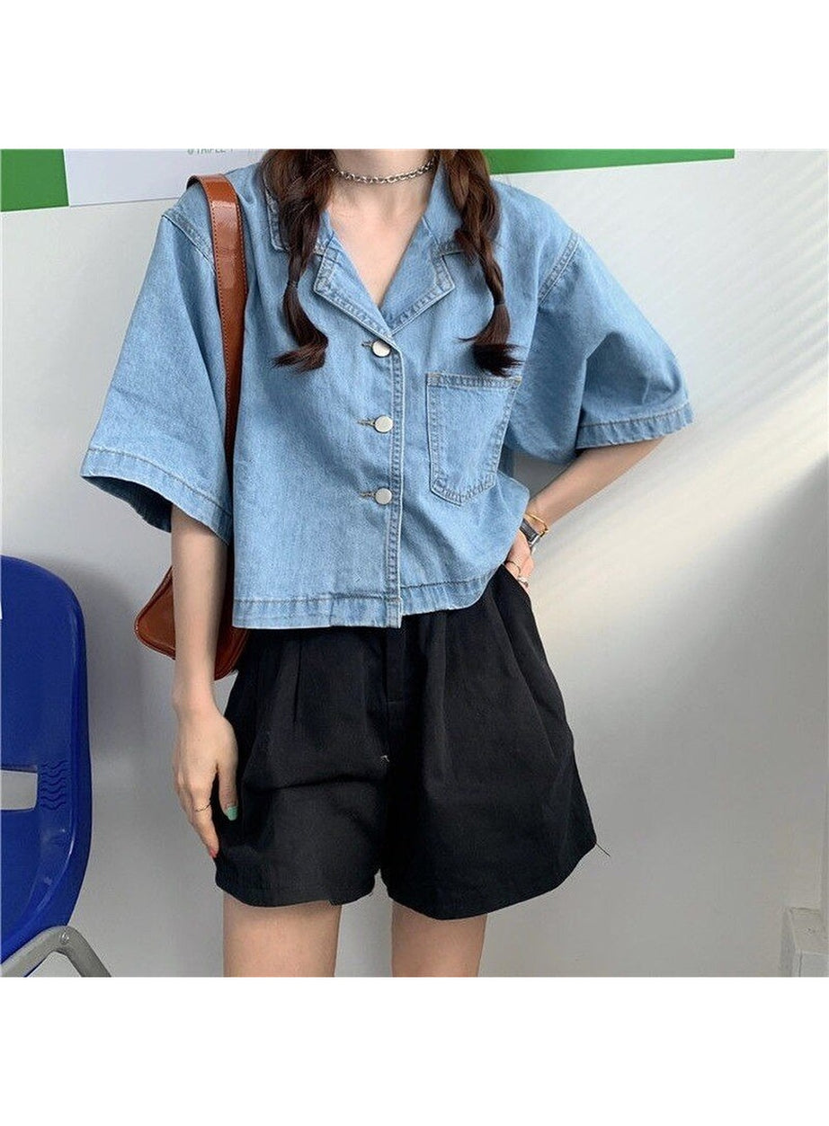 Y2k Denim Crop Tops with Pockets