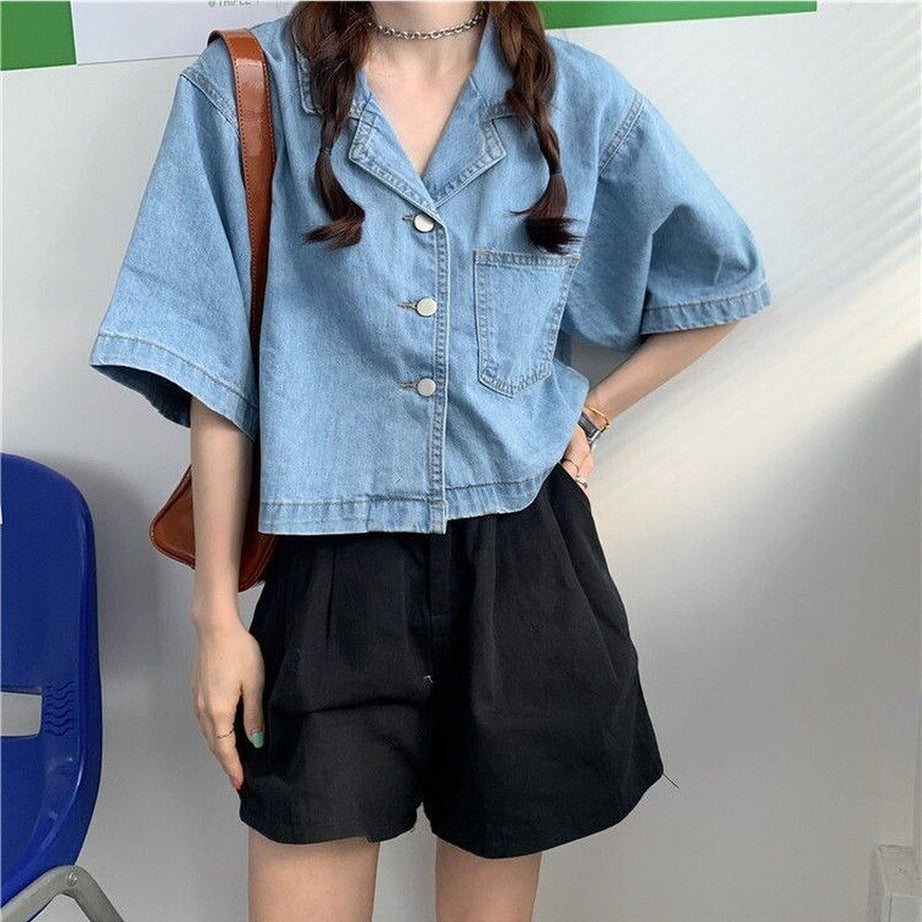 Y2k Denim Crop Tops with Pockets