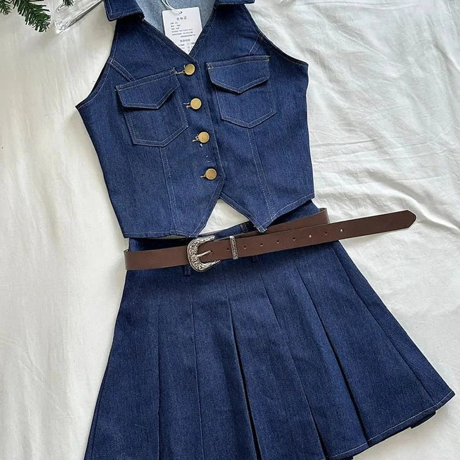 Y2k Denim Diva Pleated Skirt Set