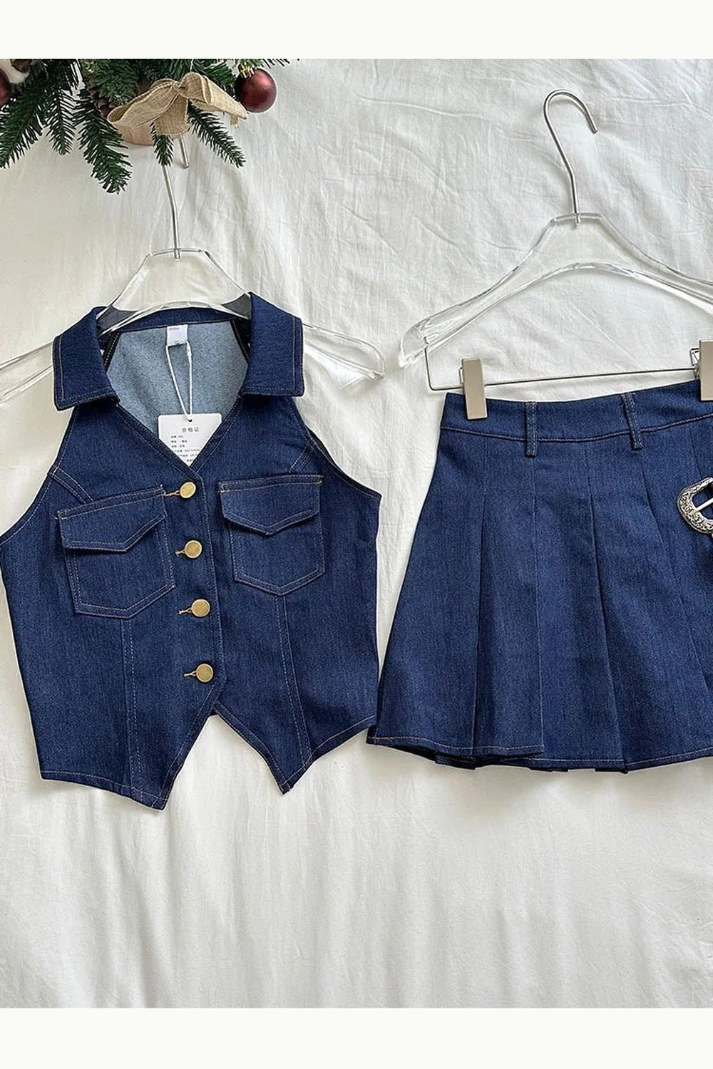 Y2k Denim Diva Pleated Skirt Set