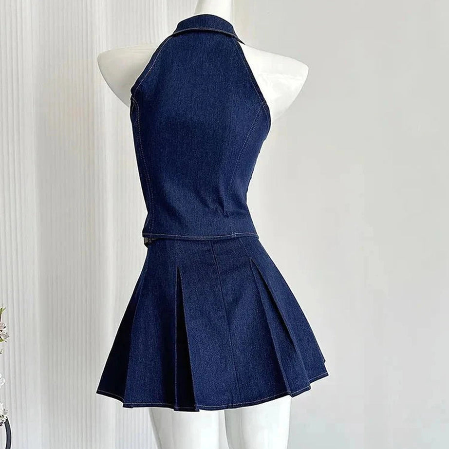 Y2k Denim Diva Pleated Skirt Set