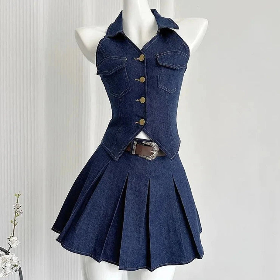 Y2k Denim Diva Pleated Skirt Set