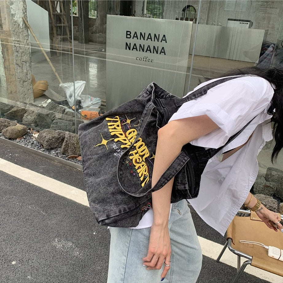 Y2k Denim Embroidery Bag