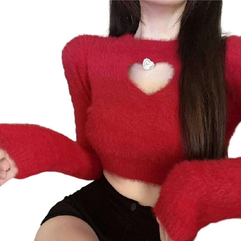 Y2k Diamond-Studded Crop Sweater